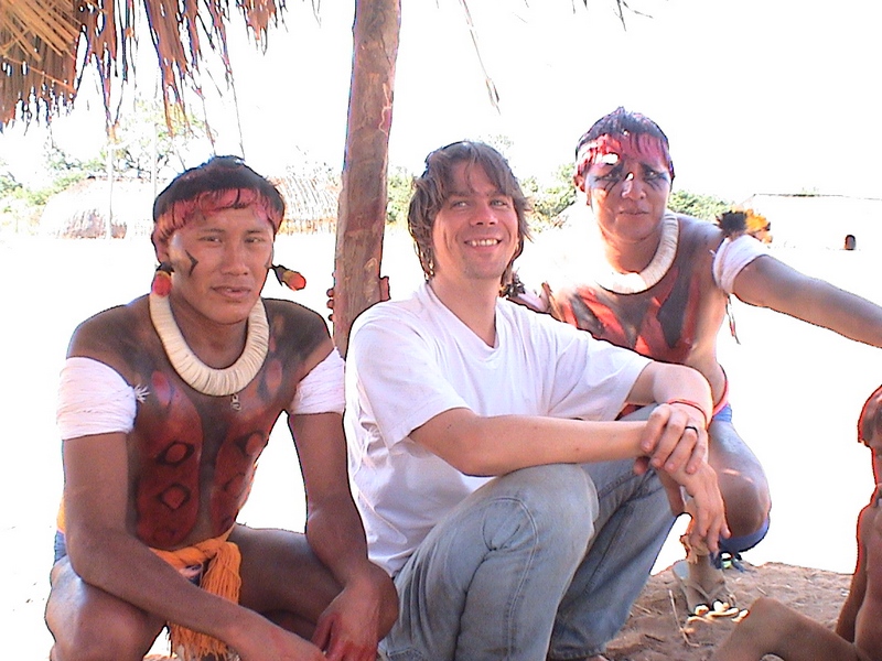 Sebastian Drude with Awetí men in the central hut
